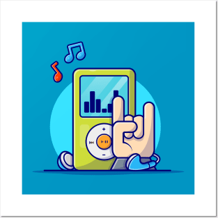 Ipod Digital Audio Music Player with Hand Rock and Music Cartoon Vector Icon Illustration Posters and Art